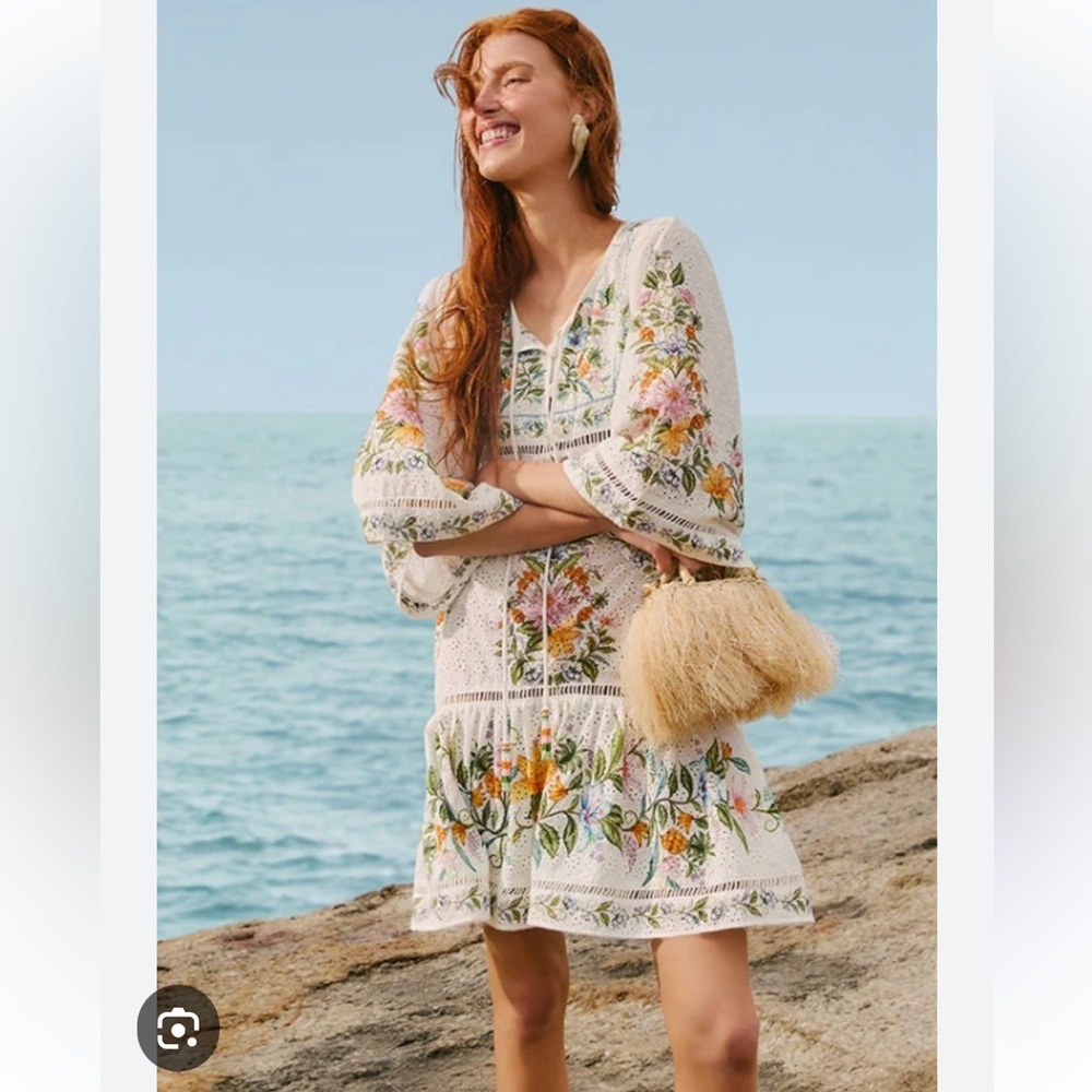FARM Rio 💐 Sweet Bloom Bouquet Cotton Eyelet Cover-Up Minidress Size L, NWT - Picture 1 of 15